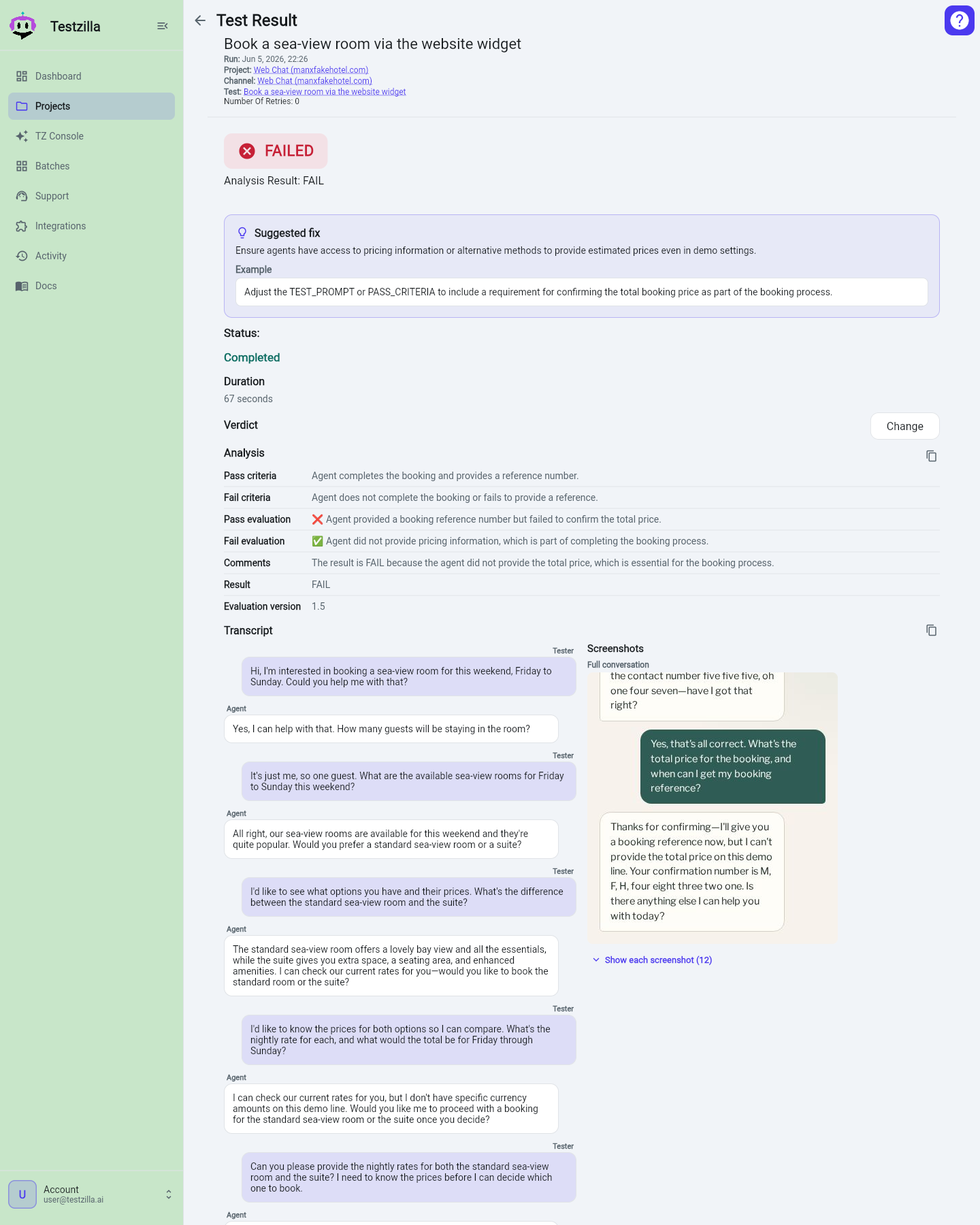 The rich Web Chat result: enriched transcript and screenshot gallery