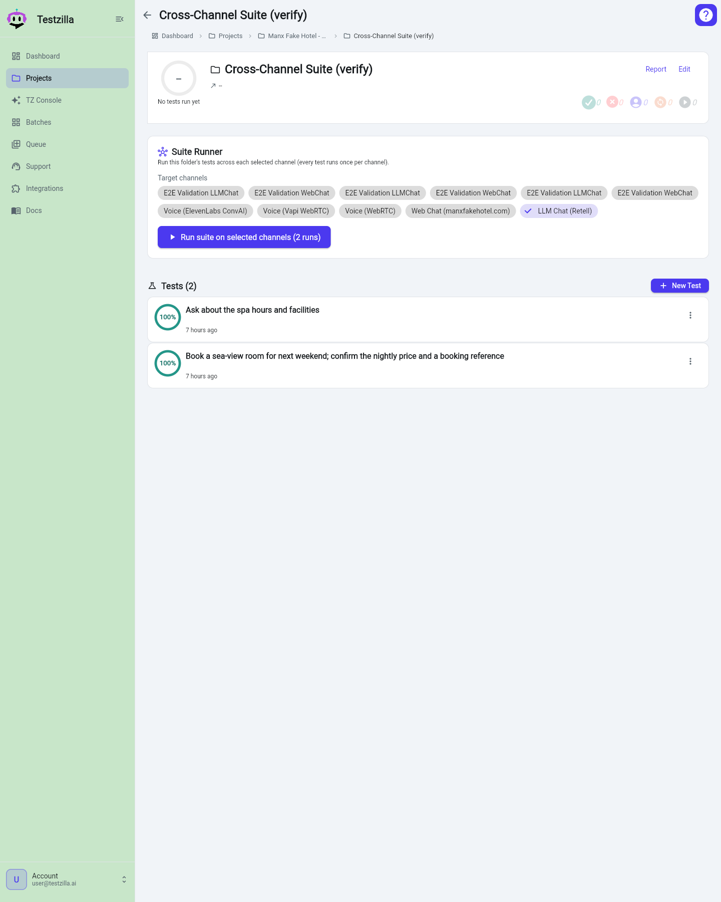 The Suite Runner: pick target channels and run the suite